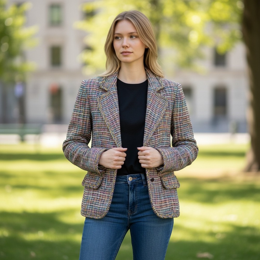 Enrico Baldini Womens Multi Color Tweed Blazer Jacket Braided Trim Size 10